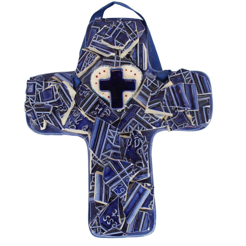 J. Duban Designs Handcrafted Broken Tile Mosaic Art Hanging Cross Cobalt